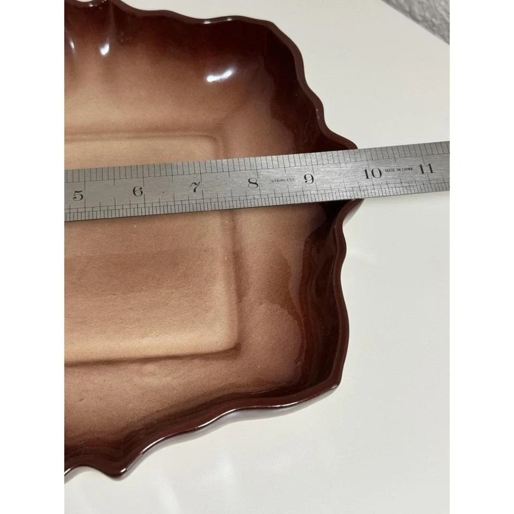 Vintage Scalloped Edge Square Ceramic‎ Plate Brown Gradient Design
